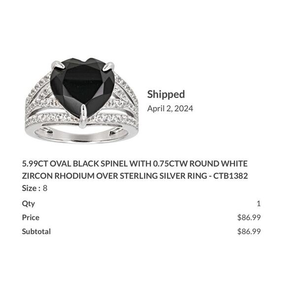 5.99CT OVAL BLACK SPINEL 0.75CTW ROUND WHITE CZ RHODIUM OVER STERLING SZ 8 - Picture 2 of 7